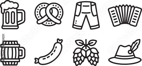 Outline vector icons set representing traditional german october festival food beverage and costume elements