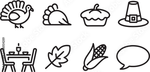 Thanksgiving dinner and holiday celebration line icons set including turkey pie pilgrim hat and dining table