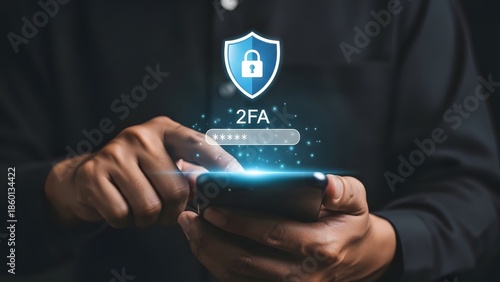 User interacts with a mobile phone for secure two-factor authentication protected by a shield.