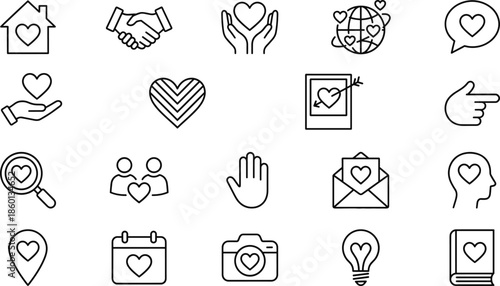 Love icons set line art heart care support communication charity social media ui app design outline vector illustration collection