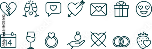Love icons set line art heart romance valentine dating wedding engagement ui app design outline vector illustration collection