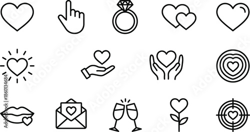 Love icons set line art heart romance wedding engagement dating ui app design minimal outline vector collection illustration symbol bundle