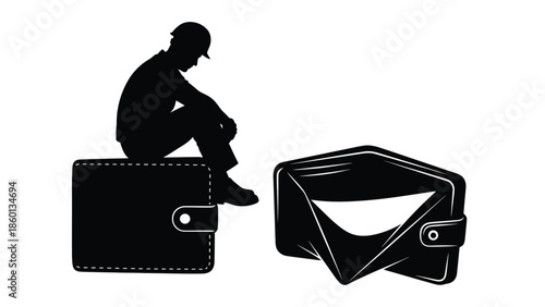 Silhouette of a dejected construction worker or laborer wearing a hard hat sitting sadly beside a closed wallet and an empty open wallet symbolizing financial hardship and unemployment woes