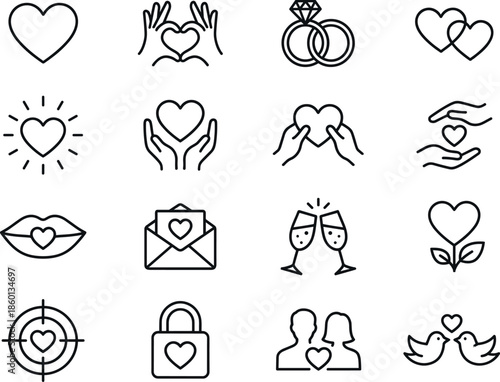 Love icons set line art hearts romance wedding dating care symbols minimal outline vector illustration collection isolated
