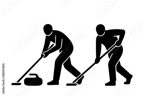 Clean vector silhouette of two curling players in action. Black simplified figures showing sweeping and throwing positions. Perfect for sports designs, winter games content
