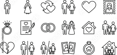 Relationship and family icons set line art love marriage divorce home commitment minimal outline vector illustration collection