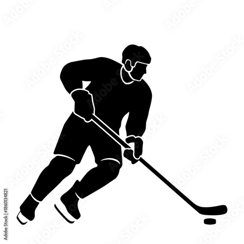 Clean black silhouette of ice hockey player in action pose with stick and puck. Simple vector design perfect for sports logos, team graphics, and athletic branding projects.