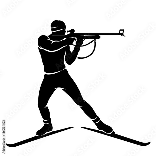 Clean black silhouette of biathlete in shooting position on skis. Minimalist vector design perfect for sports logos, winter olympics graphics, and athletic branding.