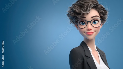 Animated portrait of a stylish woman with glasses, smiling against a blue gradient background