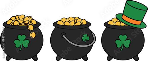 St Patrick’s Day gold pot illustration leprechaun hat shamrock cauldron lucky coins festive Irish holiday vector cartoon
