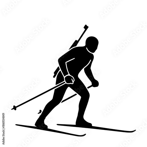 Clean black silhouette of biathlon athlete skiing with rifle. Minimalist vector design perfect for sports logos, winter Olympics graphics, and athletic branding materials.