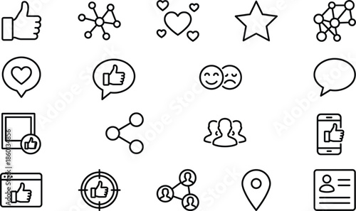 Social media interaction icons set line art like share comment network community engagement minimal outline vector illustration collection
