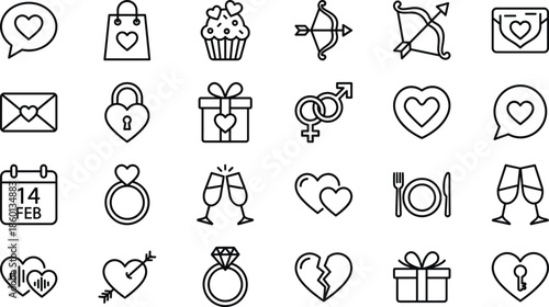 Valentine love icons set line art heart romance wedding dating engagement gift cupid ui app design outline vector illustration