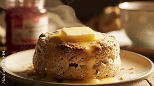Freshly baked scone with melting butter on a plate close up