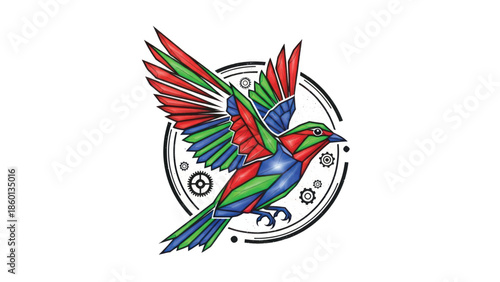 Vibrant Hummingbird Illustration with Circular Emblem and Bright Palette.