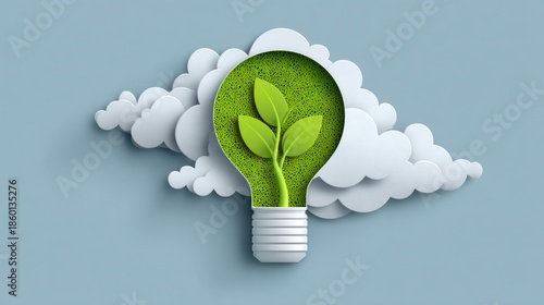 Artistic depiction of a lightbulb with a plant inside, surrounded by clouds. Concept of nature