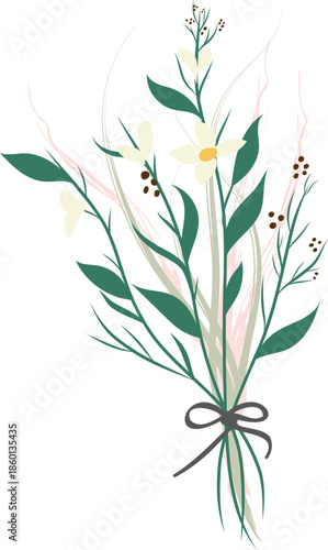 Delicate Hand-Drawn Floral Bouquet with Ribbon Tie