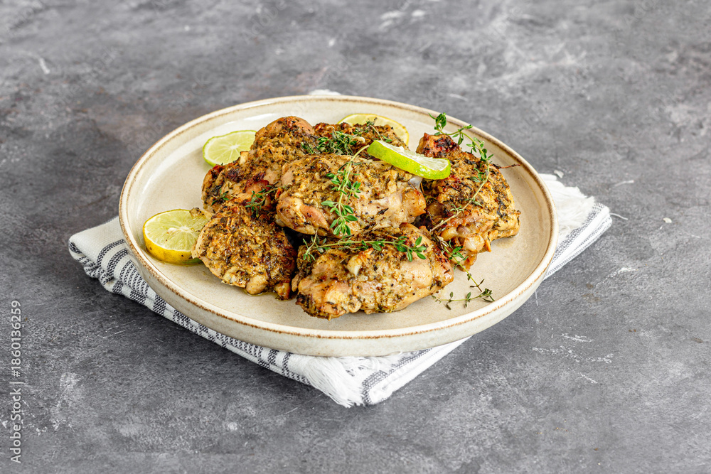 Fototapeta premium Homemade Lemon Thyme Roasted Chicken, Fresh Herb & Citrus Flavors