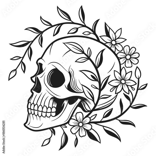 A black and white illustration of a skull surrounded by flowers and leaves