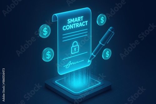 Smart Contract and Cryptocurrency: A futuristic representation of a smart contract secured by cryptography, poised to revolutionize financial agreements in a decentralized environment.