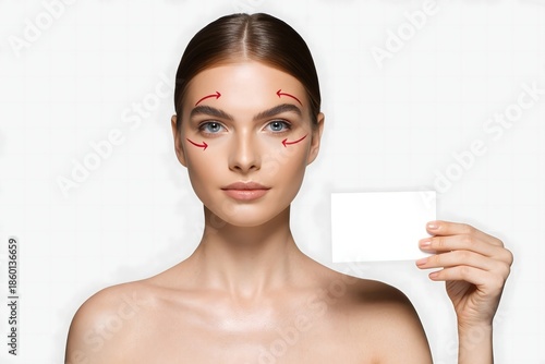 Woman Holding Blank Paper with Surgical Diagram Overlay on Face