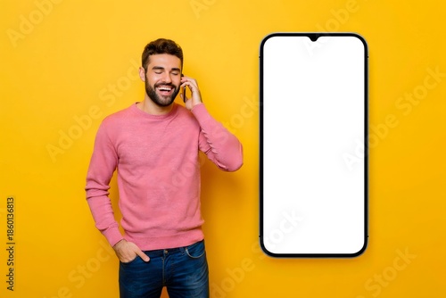 Smiling Man on Phone with Mockup Smartphone