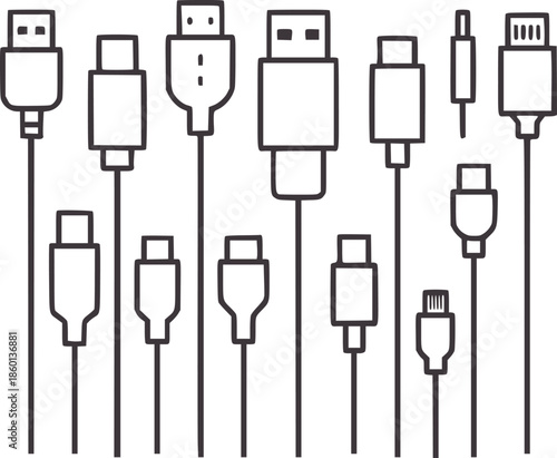 Collection of various black usb cable connectors in outline style