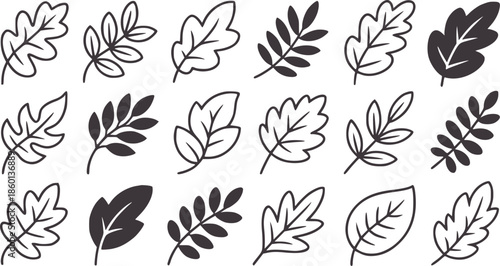 Collection of sixteen black and hand drawn leaf outlines