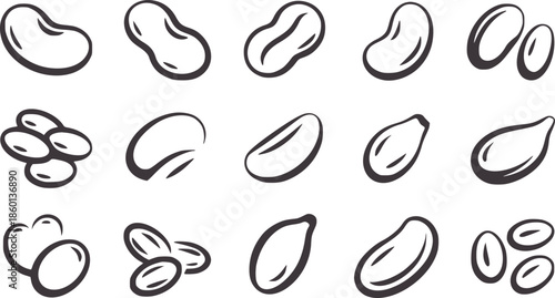 Collection of black and kidney bean and seed outline editable monochrome