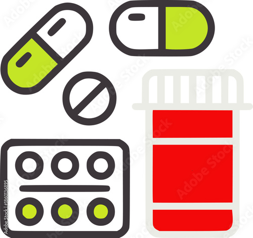 Colorful medical pills and capsules with blister pack and bottle