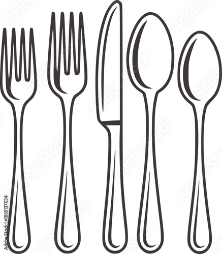 Five black outline utensils including forks knives and spoons in line style