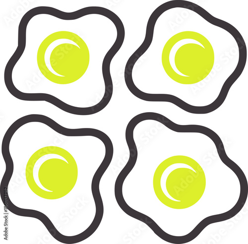 Four sunny side up eggs with yellow yolks and outlines