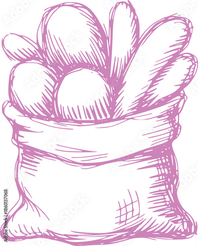 Hand drawn purple of a sack filled with bread loaves