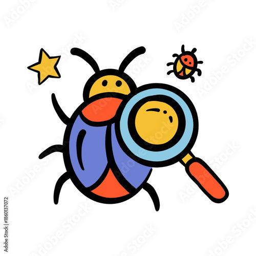 Cartoon beetle with magnifying glass - bold outlined vector style, kid-friendly illustration; use for children's books, apps, logos, and educational materials