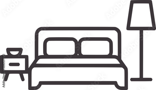 Minimal black line of a sofa with side table and floor lamp editable outline monochrome