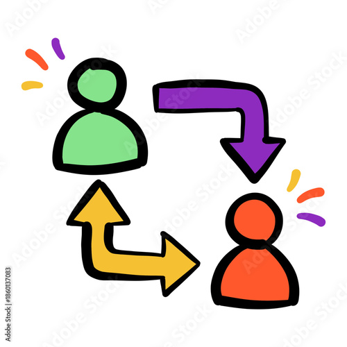 Doodle-style hand-drawn illustration of information exchange between two people (usecase: communication and transfer)