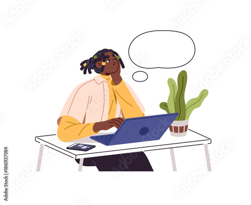 Thoughtful person sitting at the desk with empty thought bubble. Pensive black character is thinking while work at laptop. Man or woman dreams about wishes. Flat isolated vector illustration on white