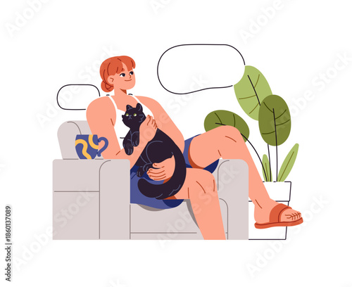 Happy thoughtful woman dreams with empty thought bubble. Dreamy thinking girl holds cat, sits in armchair. Smiling person is pondering wishes, imagines. Flat isolated vector illustration on white