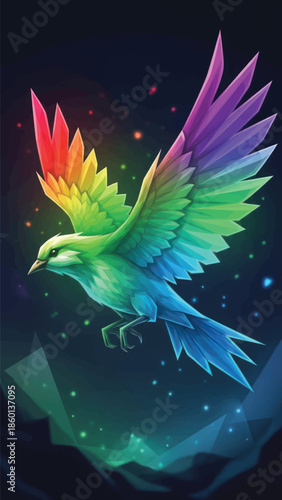 Vibrant rainbow parrot with glowing wings in a fantasy night sky illustration.