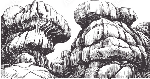 Highly detailed monochrome ink of layered geological rock formations