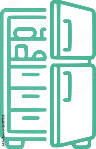 Open teal refrigerator with empty shelves and drawers in outline style