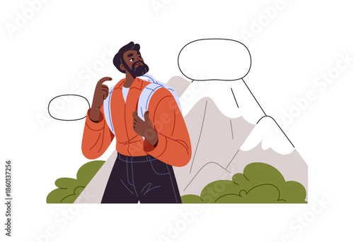 Pondering hiker with backpack is climbing mountain. Thoughtful man travels in nature. Thinking black person is hiking, dreams with empty thought bubbles. Flat isolated vector illustration on white