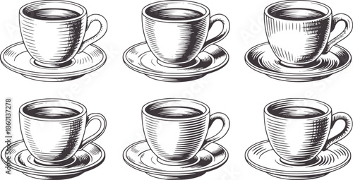 Six identical striped teacups with saucers black and handle