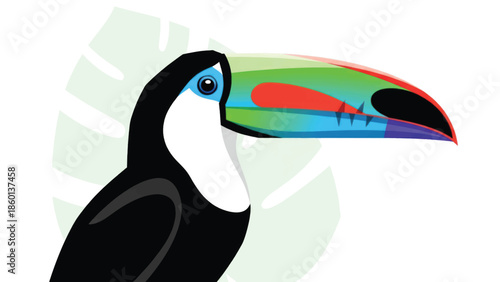 Vibrant toucan with bright beak perched in a tropical illustration and colorful plumage.