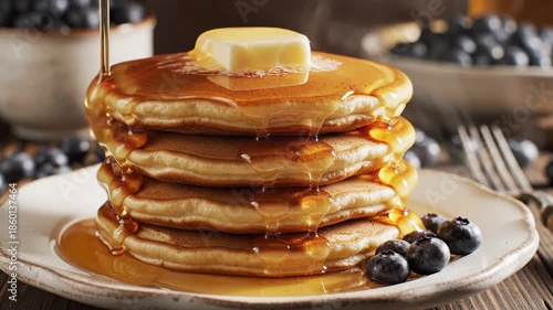 Stack of pancakes with syrup and butter on a plate