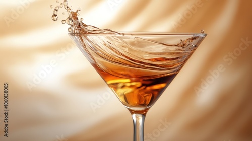 Elegant cocktail glass with a dynamic splash against a warm backdrop