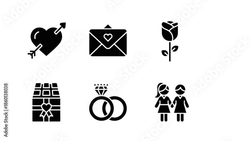 Love and marriage icon set with heart arrow letter rose chocolate rings and female couple