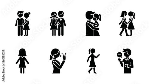 People and relationships icon set with couples kissing hugging walking and single figures