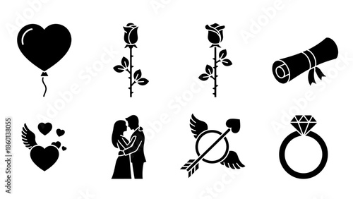 Valentine's day love wedding romance anniversary marriage balloon rose ring couple icons