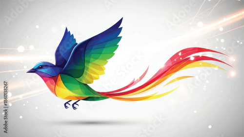 Vibrant Rainbow Hummingbird in Flight with Colorful Trail.